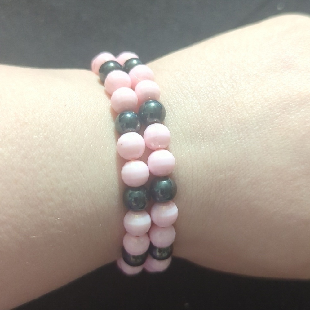 Pink and Black Magnetic Hematite Gemstone Beaded Stretchy Bracelet - Set of 2